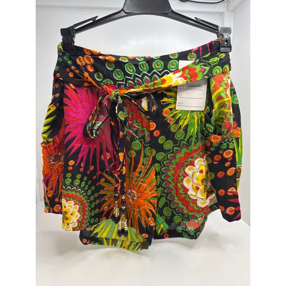 Junglee Billee Boho Black Multicolor Embroidered Shorts w/ Beaded Tie - Picture 3 of 10